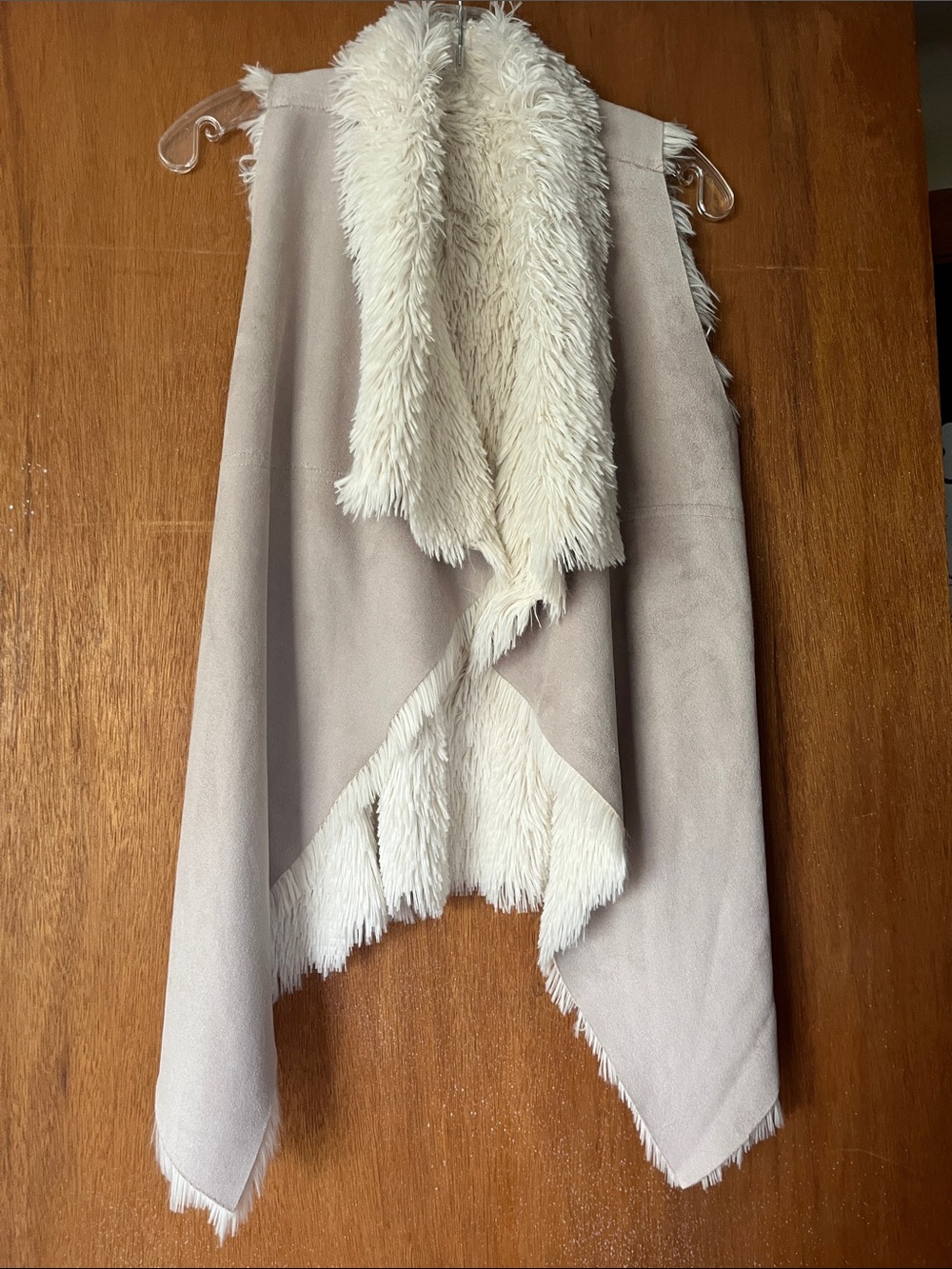 Cozy Faux-Suede Draped Vest with Sherpa Trim - Cream & Taupe